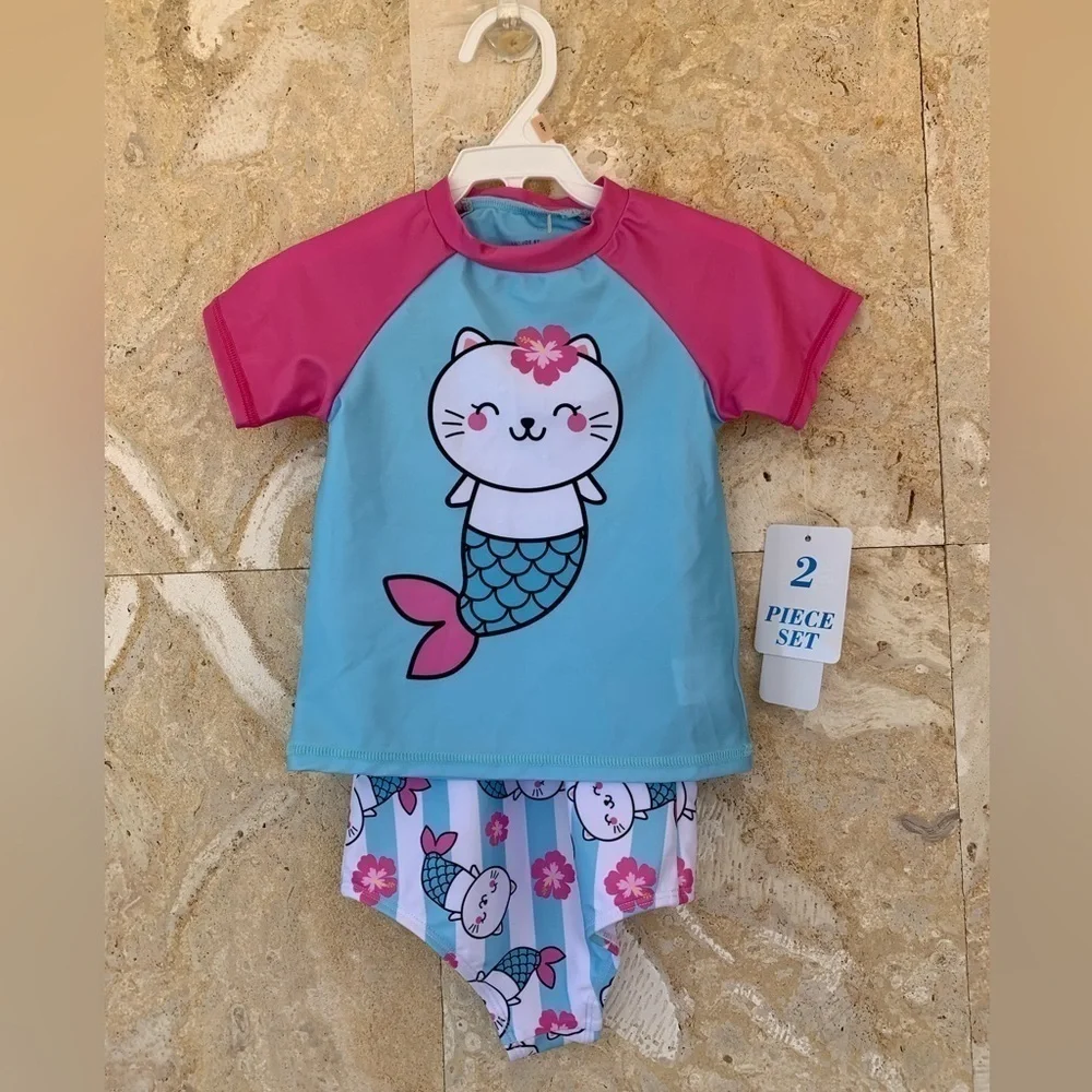 Caribbean Joe Girl’s Swimsuit With Short Sleeve Rash Guard Set 2-T